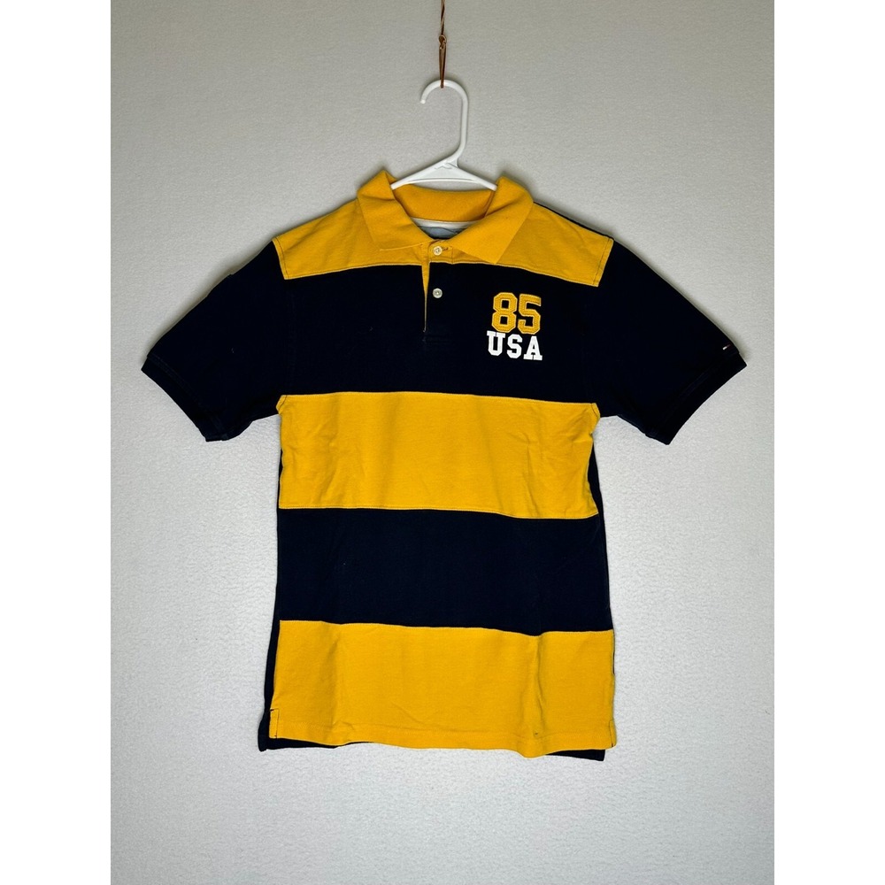 Tommy Hilfiger Boys Navy Blue Yellow Striped Polo Shirt Size XL 20 USA 85